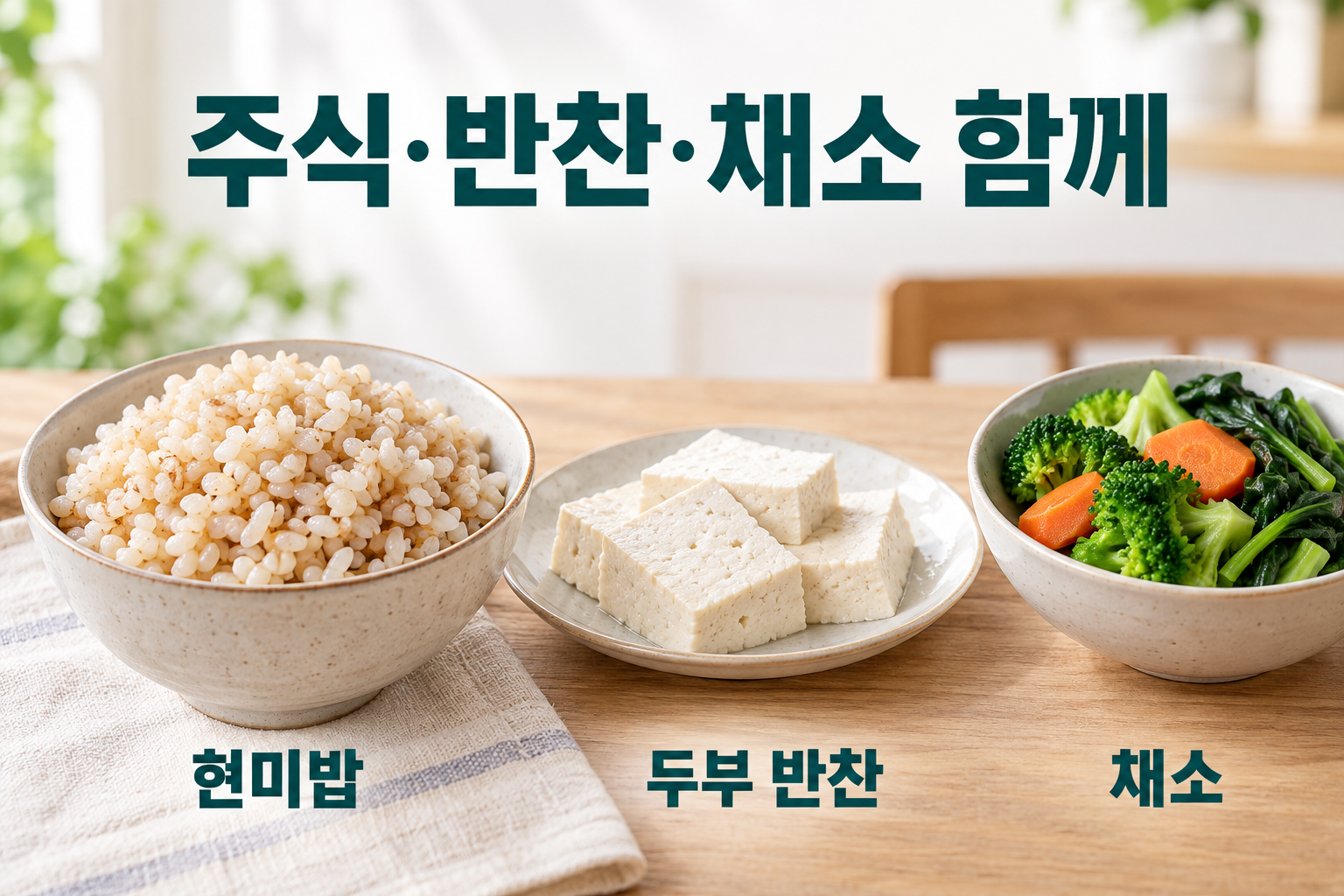 지은 현미밥, 일반두부 반찬과 익힌 채소를 각각 구분한 한 끼 구성
