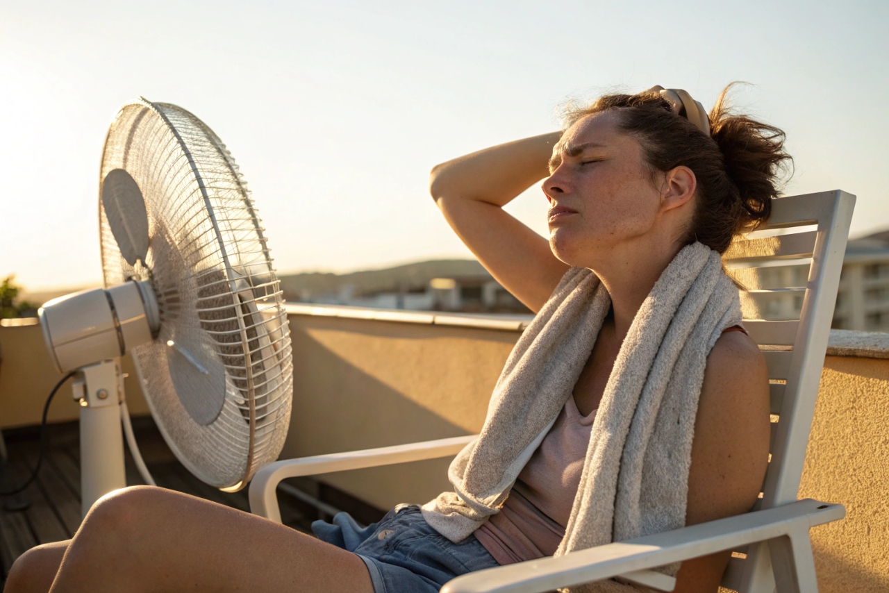 습한 날씨 선풍기 쐬는 여자