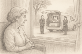 고요한 오후, 창문을 통해 이동식 장례 서비스 장면을 바라보는 노년 여성의 모습을 담고 있습니다.