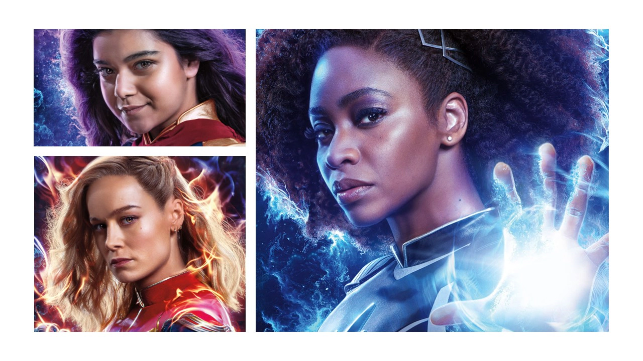 더 마블스 출연진-왼쪽 위부터 시계방향으로 카말라 칸-모니카 램보-캐럴 댄버스(출처-공식포스터)