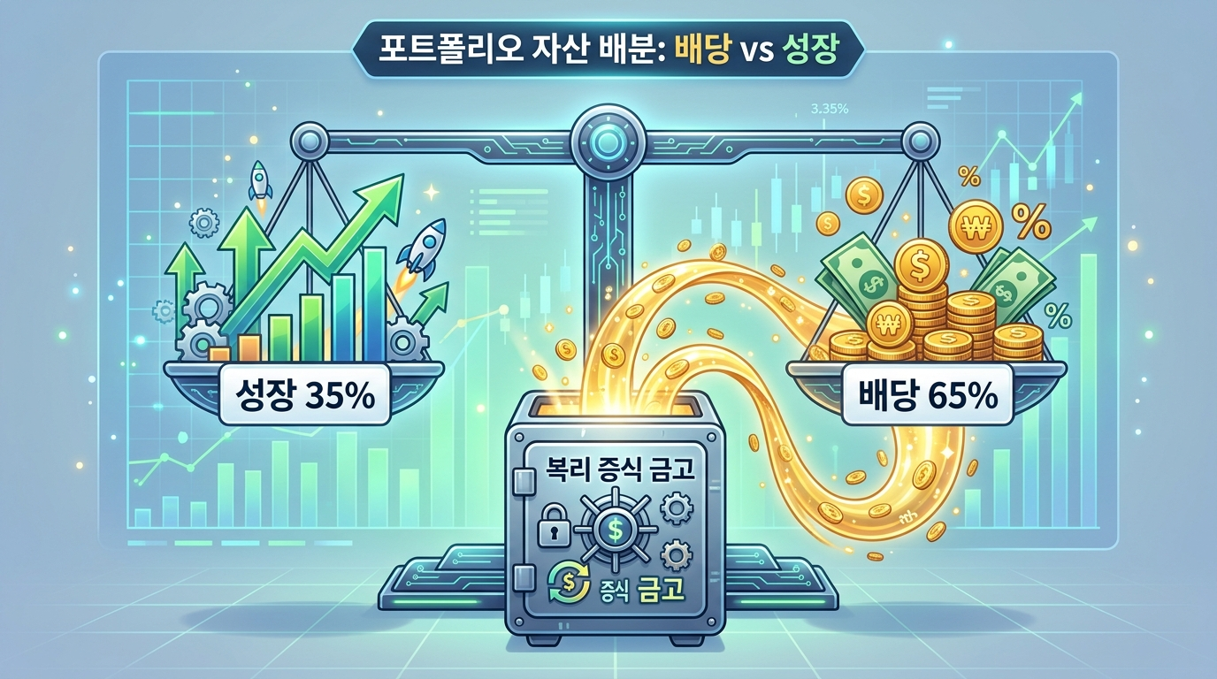 성장주 35%와 월배당 엔진 65%의 자산 배분 저울 위로 매달 마르지 않는 분배금 황금줄기가 쏟아져 내리며 자산의 우상향 궤적을 그리게 만드는 평온 작가 특유의 실전 배당 머신 도식화 인포그래픽