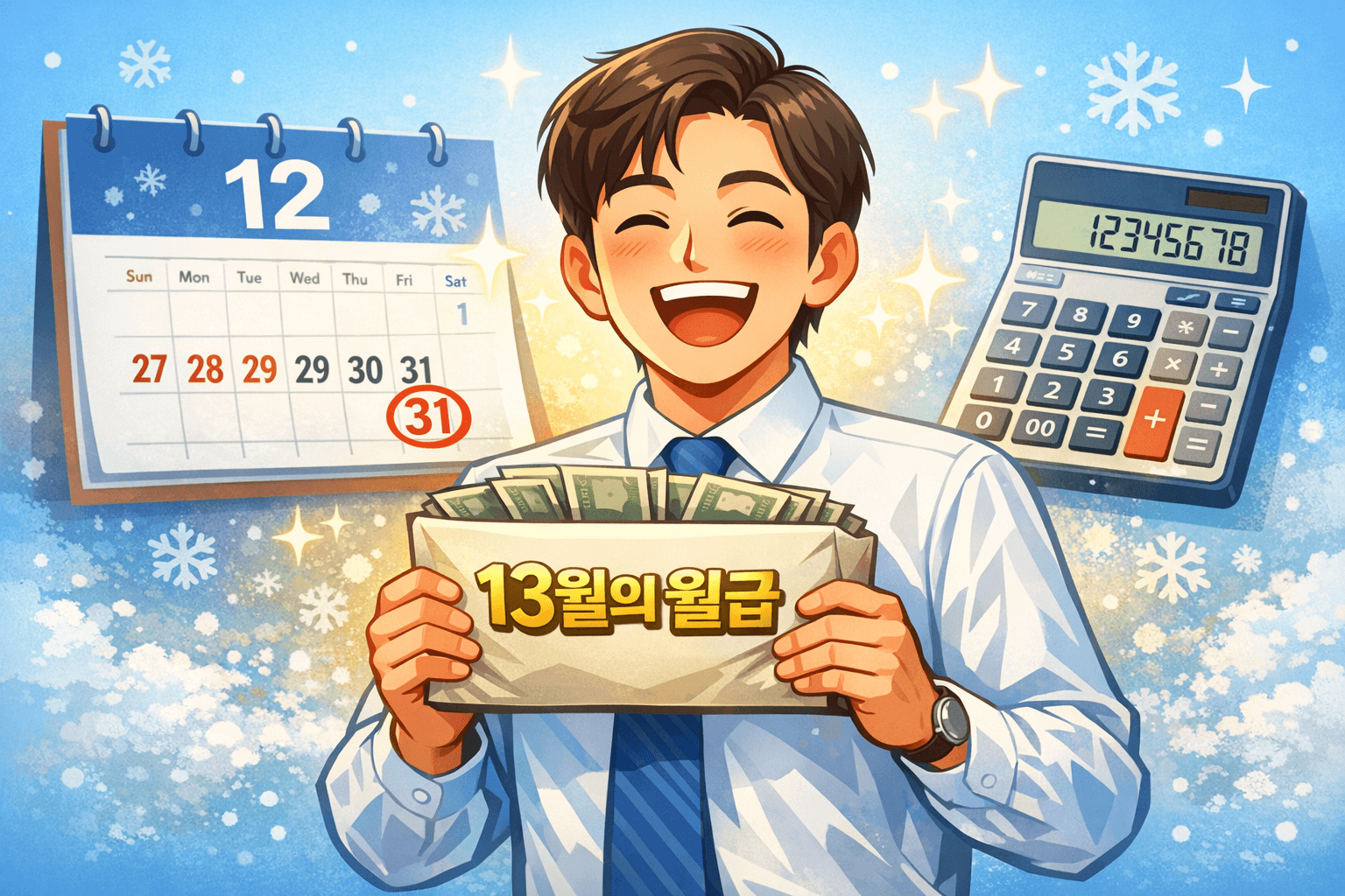 13월의 월급 연말정산 환급금을 받고 기뻐하는 직장인 일러스트