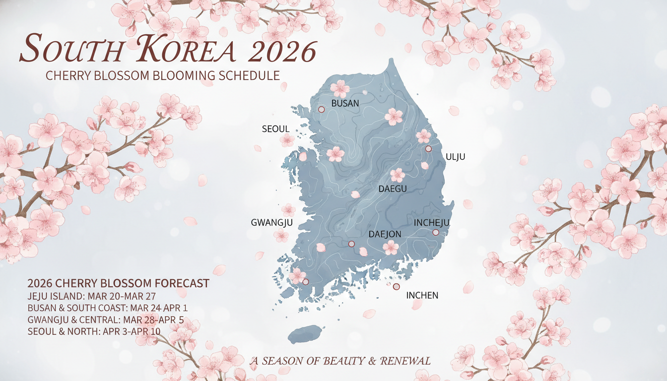 2026년 대한민국 전국 지역별 벚꽃 개화 및 만개 시기를 보여주는 아름다운 일러스트 지도
