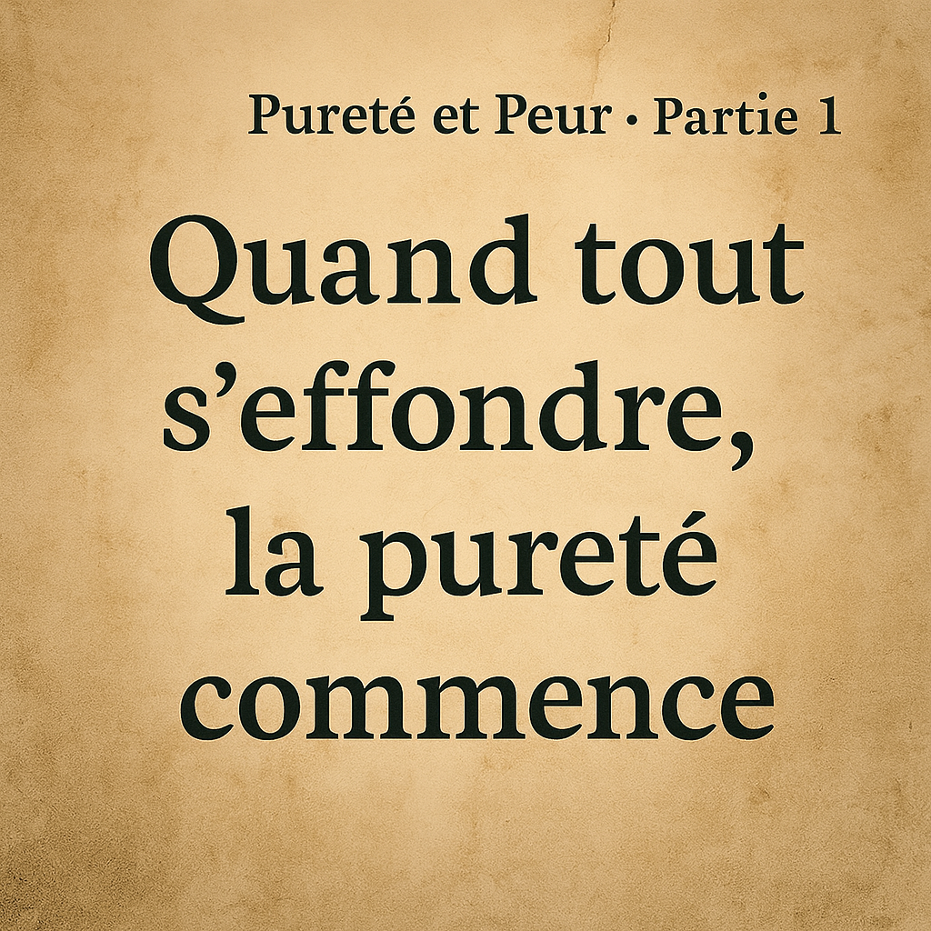 Texte français “Quand tout s’effondre, la pureté commence” inscrit sur un parchemin brûlé et vieilli, symbolisant la naissance de la pureté au milieu de l’effondrement du monde.