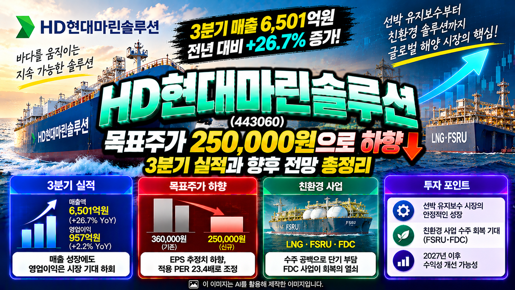 HD현대마린솔루션(443060) 주가 전망 및 기업분석, 목표주가 360,000원에서 250,000원으로 하향, 2026년 3분기 매출 6,501억원과 영업이익 957억원, 선박 유지보수 성장 및 친환경 FSRU·FDC 사업 전망