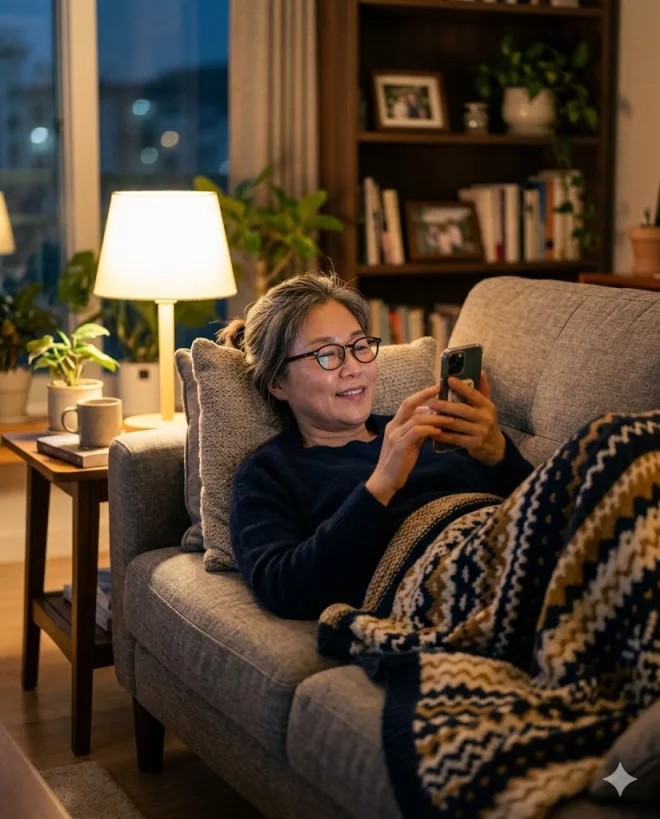 소파에 누워 안경을 쓰고 루버스오일 섭취 후기를 확인하는 50대 여성