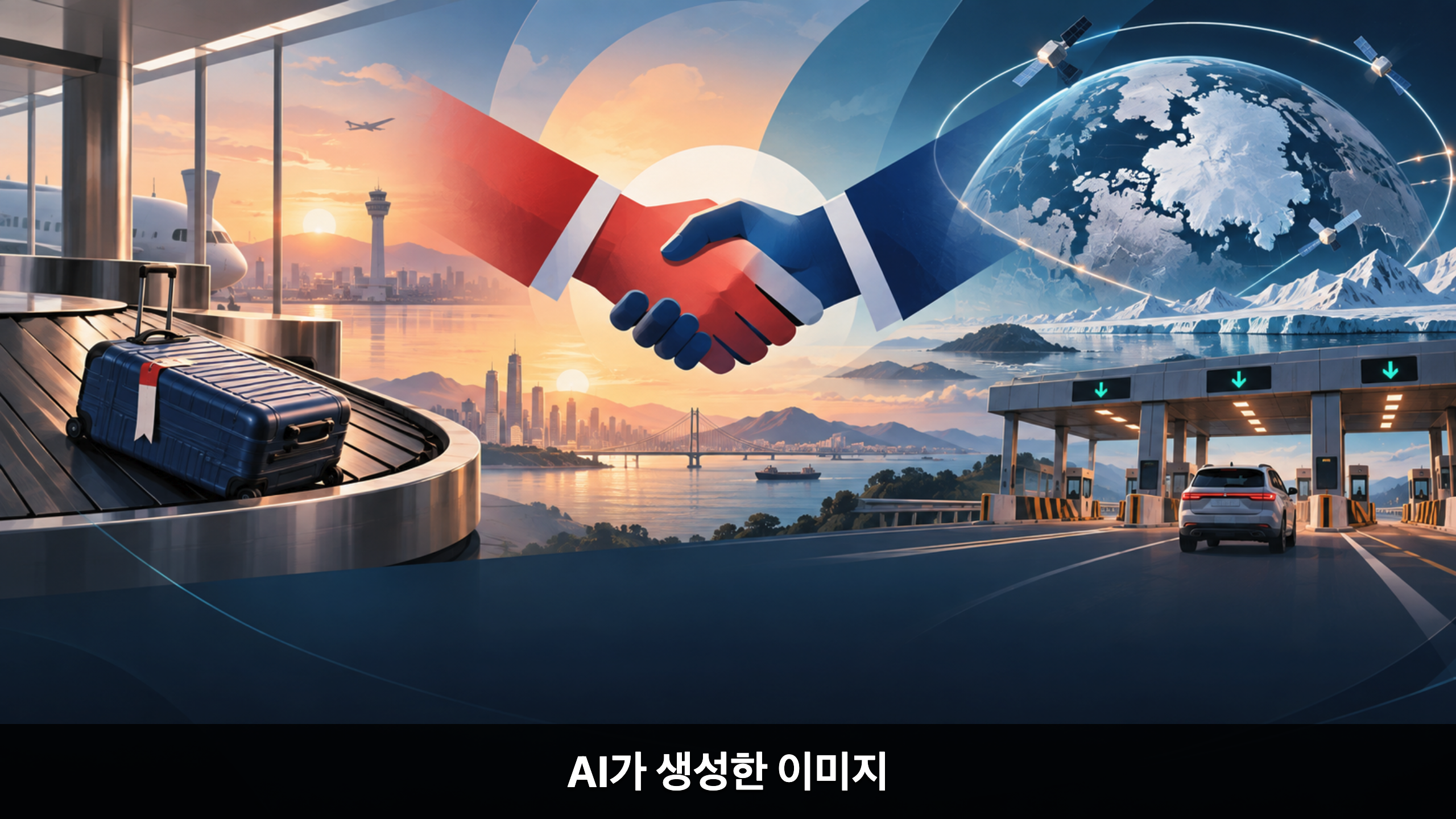 2026년 9월 19일 아침 주요 뉴스를 상징하는 공항 수하물, 고속도로, 외교, 북극 개념 일러스트