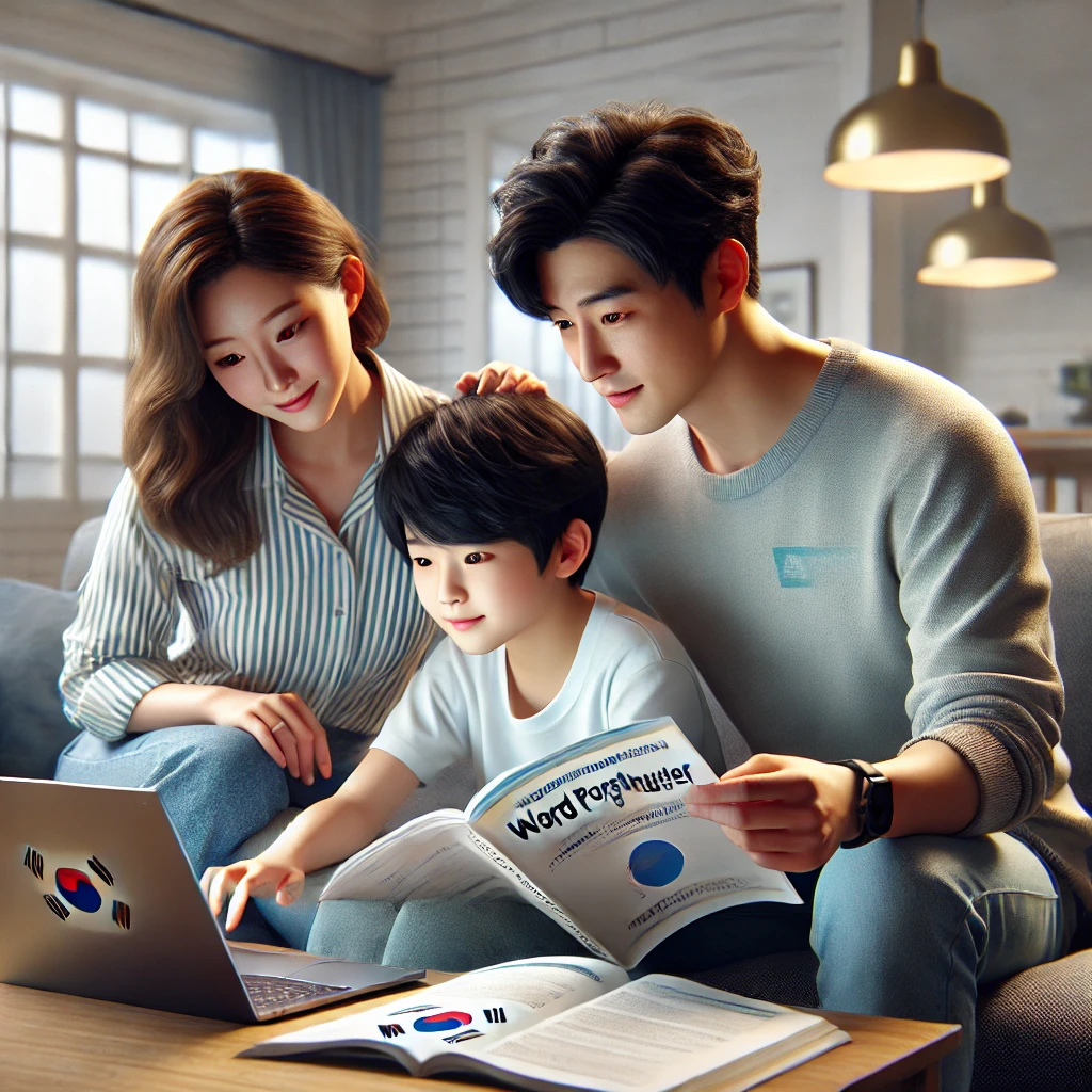 가족이 거실에서 자녀의 워드프로세서 자격증 시험 공부를 돕는 모습. 부모는 교재를 보고 자녀는 노트북으로 연습하고 있으며, 방은 밝고 아늑하게 꾸며져 있습니다