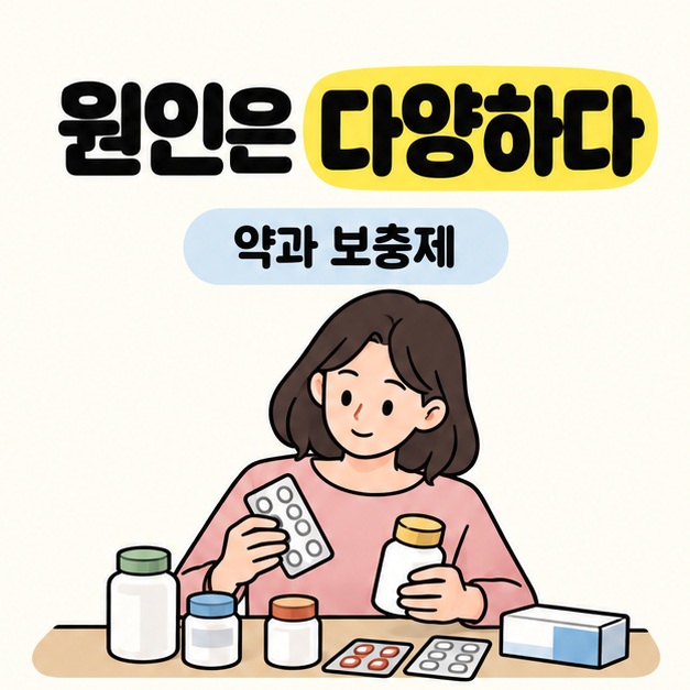 원인은 다양하다와 약과 보충제 문구 아래 성인이 여러 약 포장과 보충제 병을 식탁 위에 모아 살펴보는 모습
