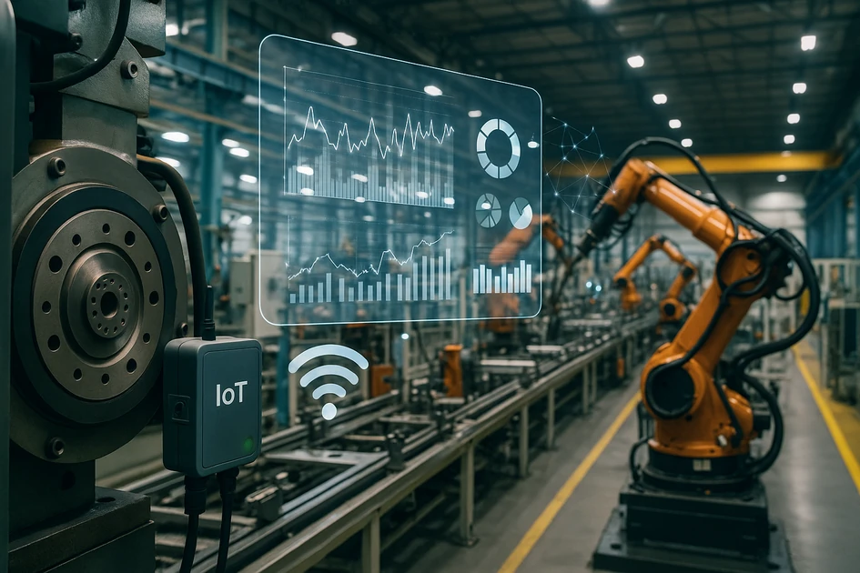 산업용 IoT 센서와 로봇 팔이 작동하는 스마트 팩토리 내부, 데이터 분석 그래프가 오버레이된 첨단 제조 환경