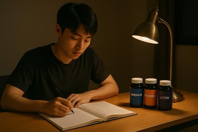 수험생 책상 위 영양제와 공부 장면