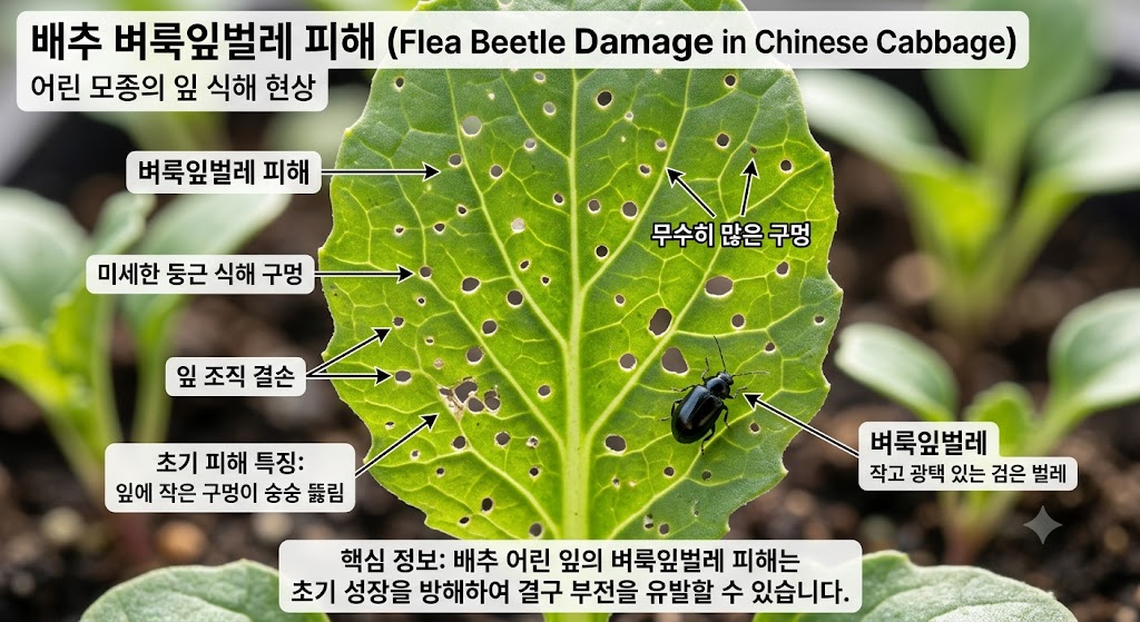 어린 배추 모종 잎에 작은 구멍이 수없이 뚫린 피해 모습과 잎 표면에 앉아있는 검은색 벼룩잎벌레의 모습
