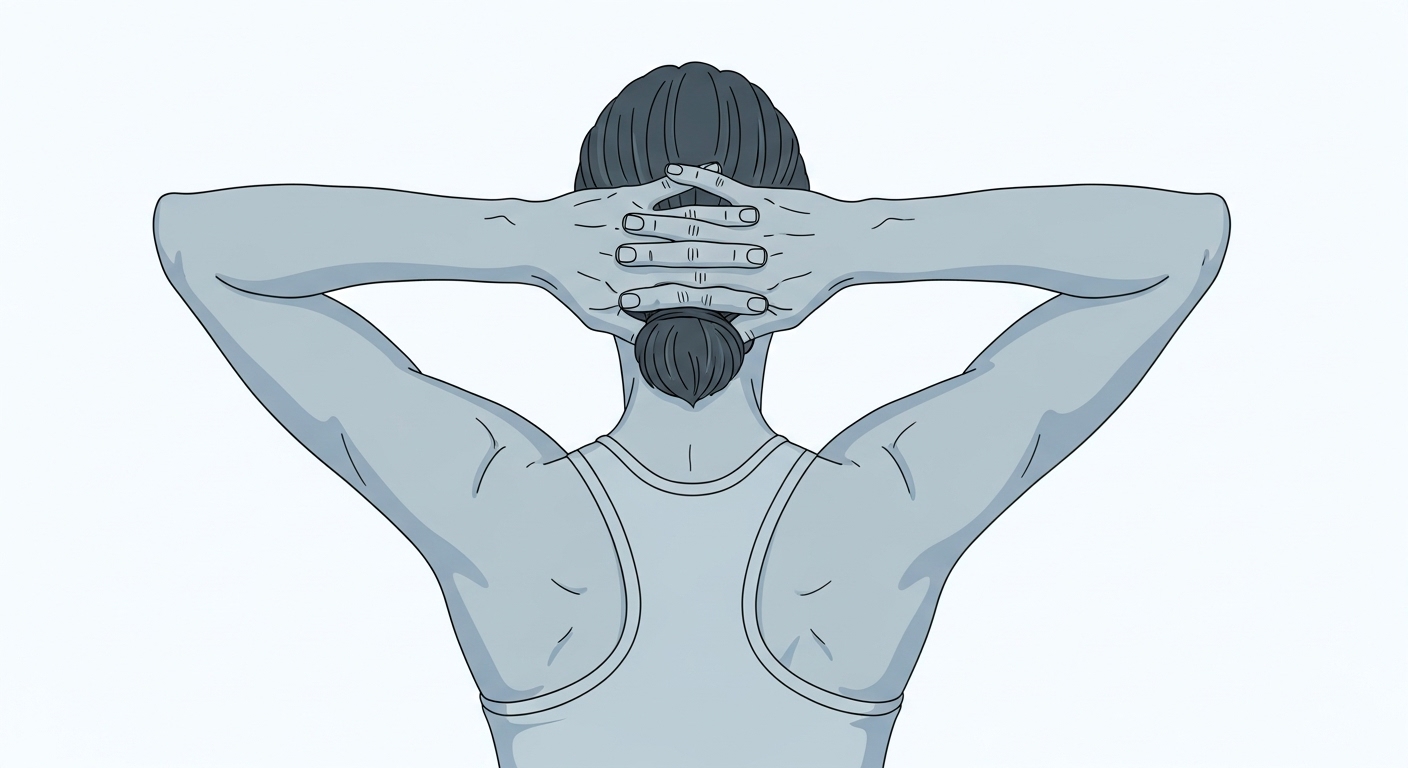 손을 깍지 끼고 머리 뒤에 댄 채 팔꿈치를 활짝 열어 가슴과 등을 펴는 사람의 모습. 굽은 등 스트레칭 동작입니다.