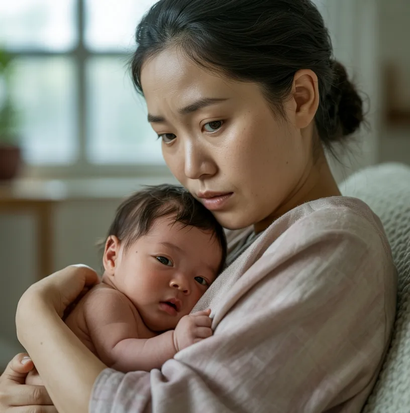 신생아 아토피 증상이 있는 아기를 바라보는 엄마