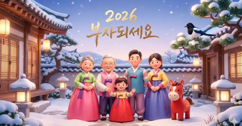 한복입은 가족 말 한옥 눈 일러스트