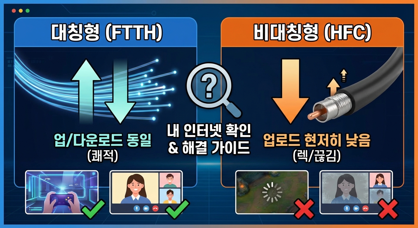 대칭형(FTTH)과 비대칭형(HFC) 인터넷을 비교하는 인포그래픽 썸네일. 왼쪽은 업/다운로드 속도가 동일하고 쾌적한 FTTH 광케이블, 오른쪽은 업로드가 현저히 낮아 렉과 끊김이 발생하는 HFC 동축케이블을 보여준다. 중앙에는 '내 인터넷 확인 & 해결 가이드' 텍스트와 돋보기 아이콘이 있다.