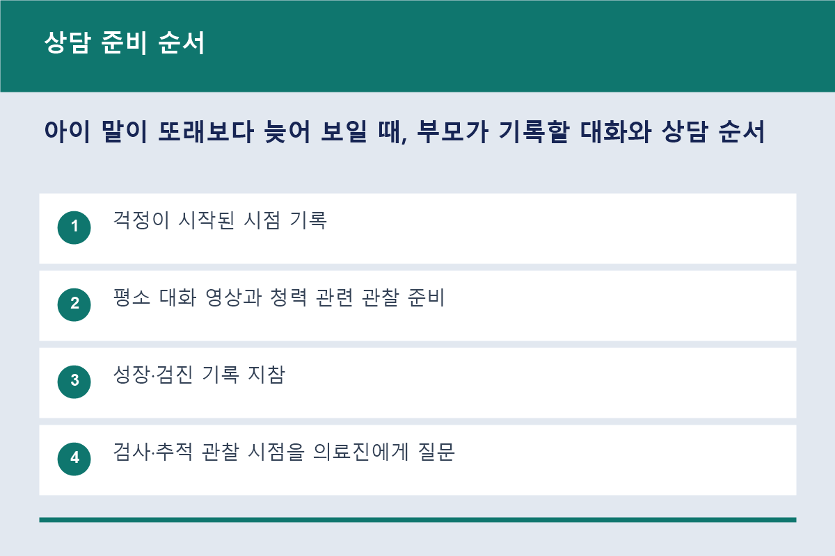 아이 말이 늦을 때 의료기관 상담 준비 순서도