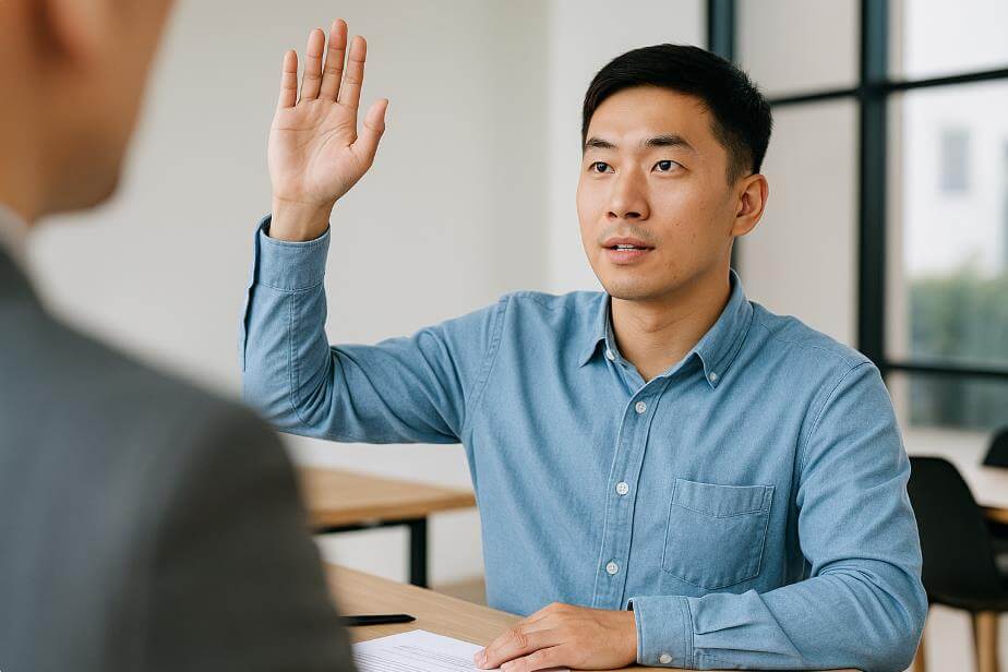 회의실에서 남성이 손을 들어 질문하는 장면.