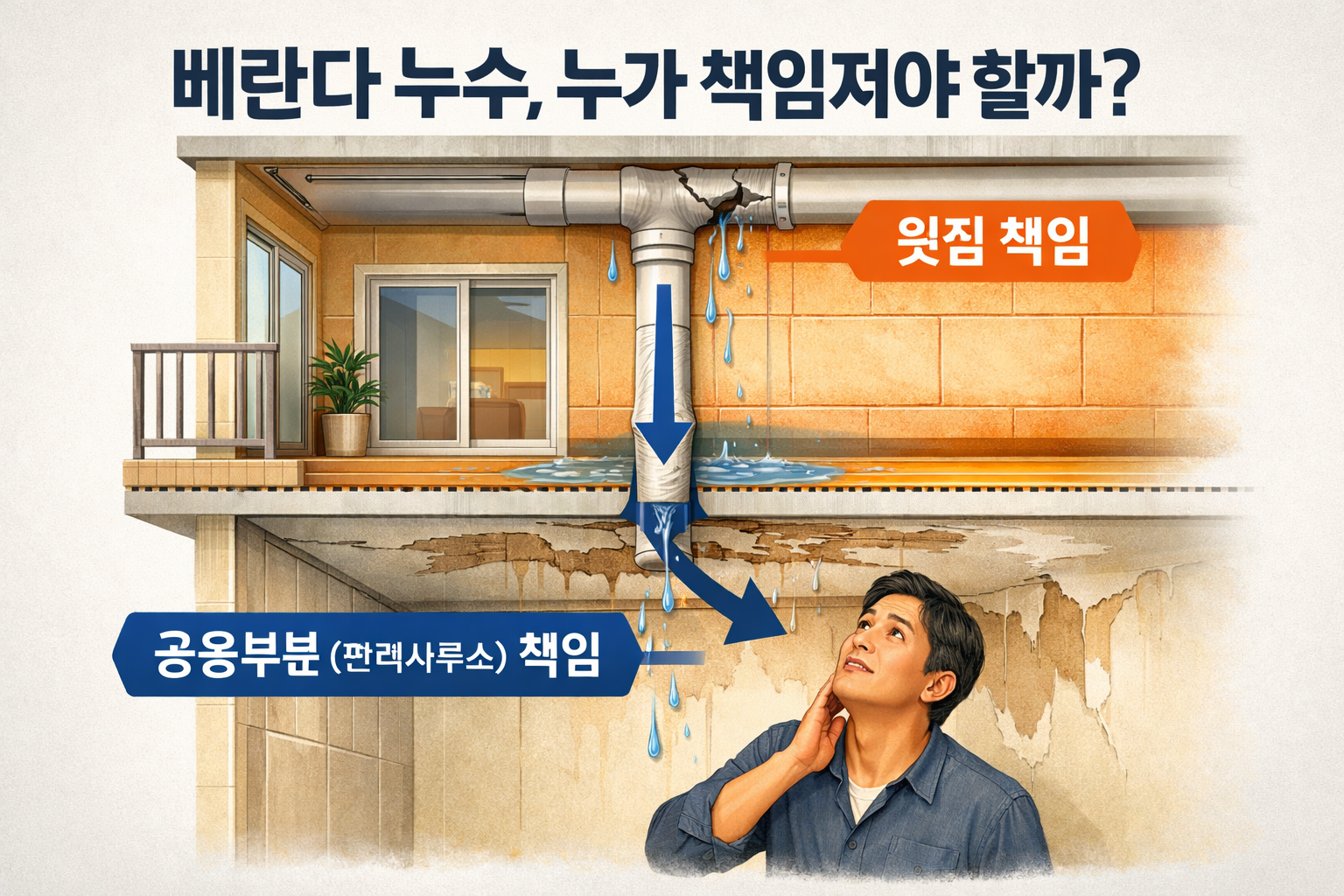 아파트 베란다 우수관 누수 책임 구분 - 윗집과 공용부분 책임 범위 및 아랫집 피해 보상 안내