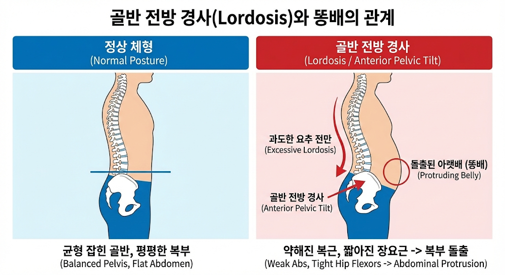 허리가 과하게 꺾인 체형(Lordosis) 교정과 똥배가 나오는 이유