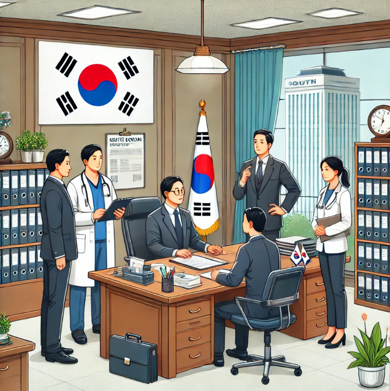 정부 사무실에서 건강보험 정책을 논의하는 공무원들의 모습