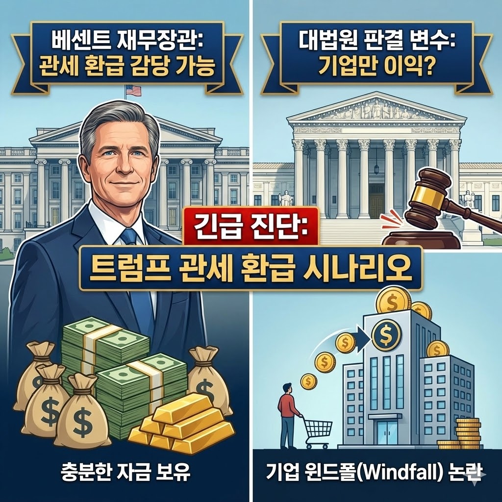 스콧 베센트 미 재무장관의 관세 환급 대응 능력과 미국 재정 자금력을 상징하는 요소들을 시각화하여 관세 정책 이슈를 요약한 1:1 비율의 정보성 블로그 썸네일 이미지