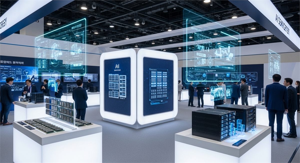 차세대 AI 메모리와 서버 장비를 전시한 첨단 전시장 분위기 