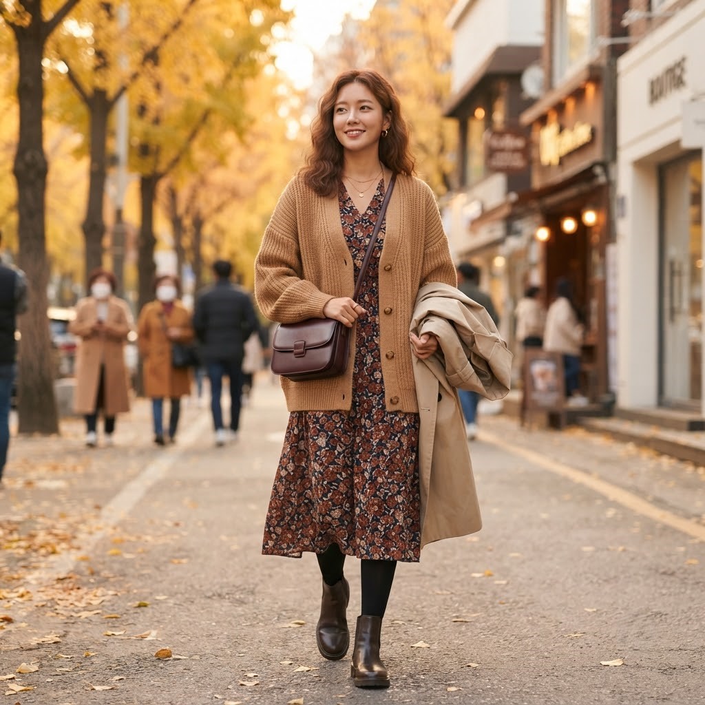 A Korean woman standing confidently in a chic aubergine-toned dress with autumn-appropriate layering, surrounded by soft autumn leaves falling, warm cinematic lighting, fashion editorial cover-style composition, elegant and polished mood