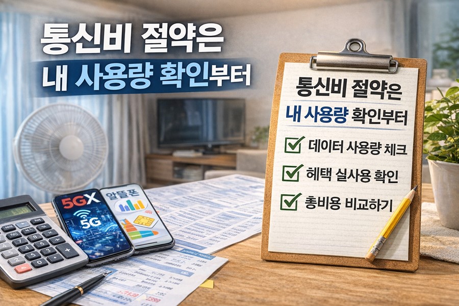 통신비를 줄이기 위해 데이터 사용량과 혜택 실사용 여부, 총비용을 비교하는 5GX와 알뜰폰 체크리스트 이미지