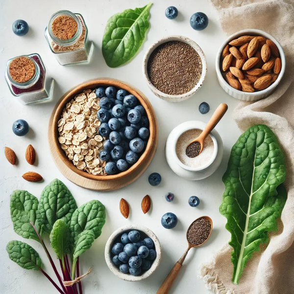 혈당 조절에 좋은 천연 식품이 담긴 플랫레이 스튜디오 컷