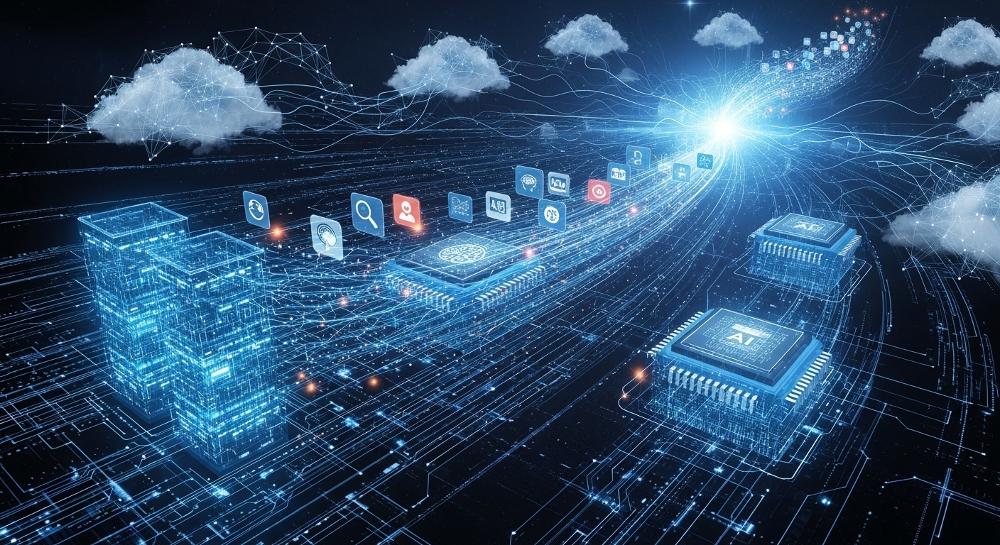 AI 인프라, 클라우드, 칩, 애플리케이션 등 AI 생태계의 다양한 구성 요소를 시각화한 이미지