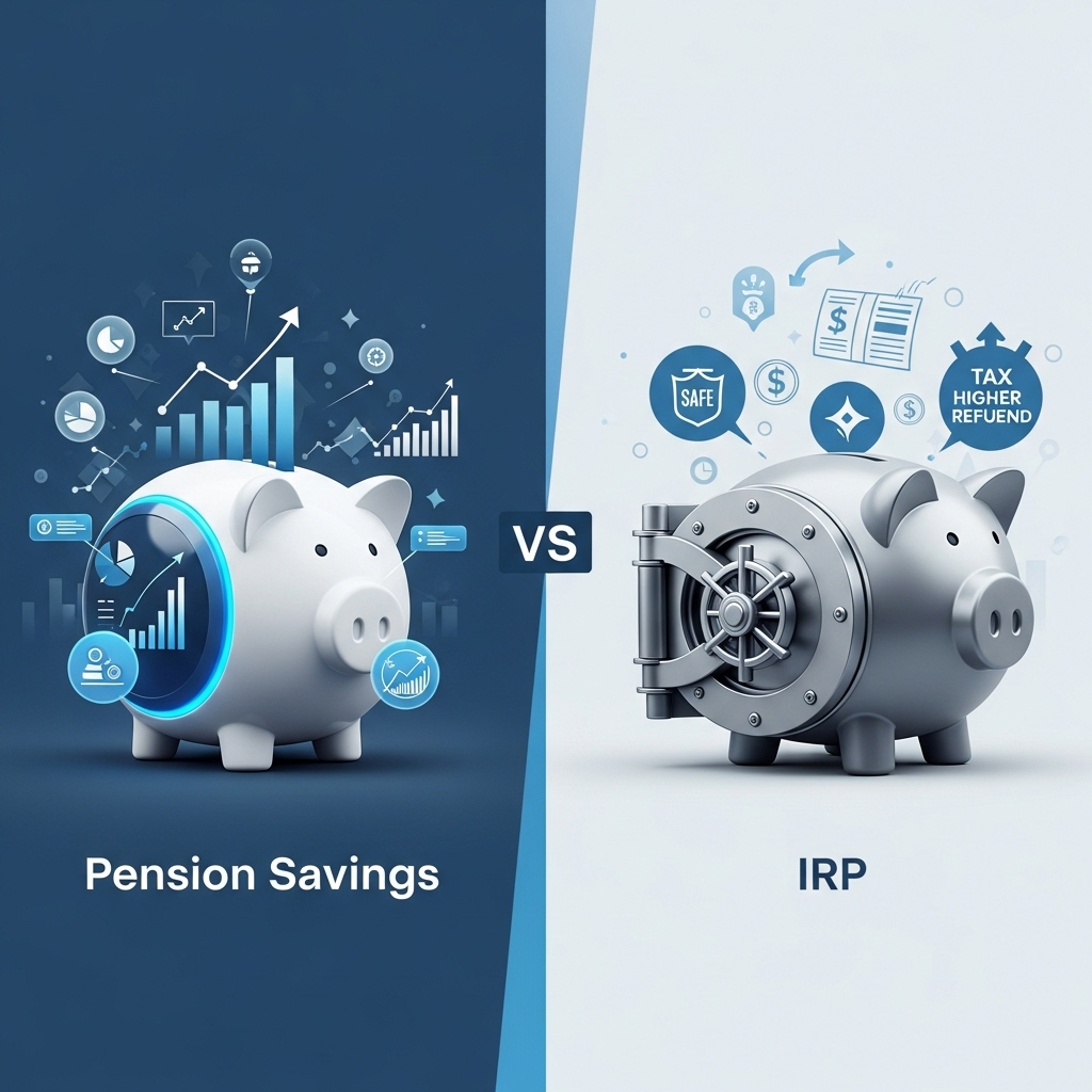 연금저축과 IRP 계좌를 비교하는 그림. 왼쪽에는 유연한 투자와 성장을 상징하는 연금저축 저금통, 오른쪽에는 안정성과 높은 세액공제 혜택을 나타내는 IRP 금고가 대비되어 있다.