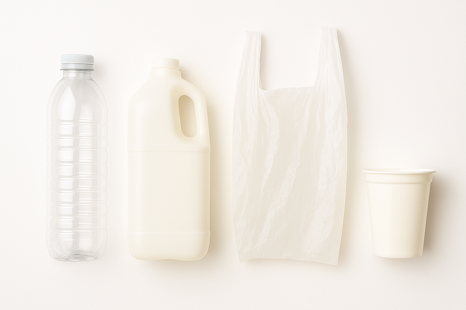 투명 플라스틱 병, 요구르트 용기, 튜브형 용기, 세제통 등이 밝은 배경 위에 가지런히 놓여 있는 사진