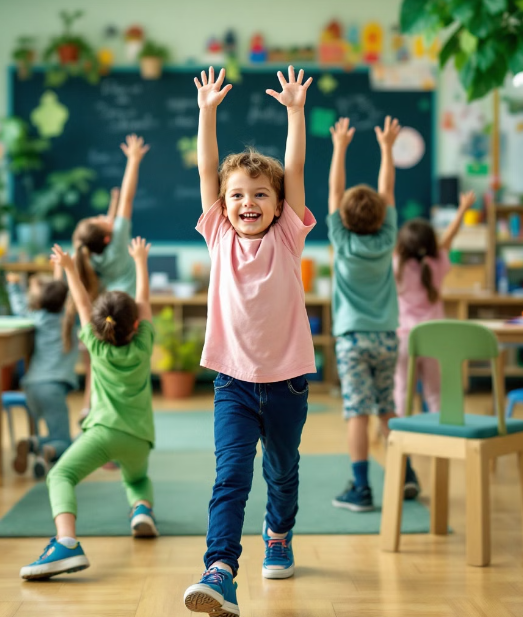 척추 건강을 위해 스트레칭을 하고 있는 아이들