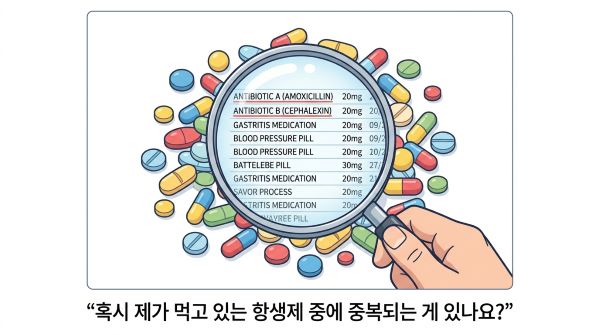 깔끔한 화이트 톤의 배경에 여러 종류의 알약이 섞여 있는 모습과 그 위로 돋보기가 투약 이력 리스트를 비추고 있는 그래픽 이미지
텍스트 : "혹시 제가 먹는 항생제, 중복은 없나요?"