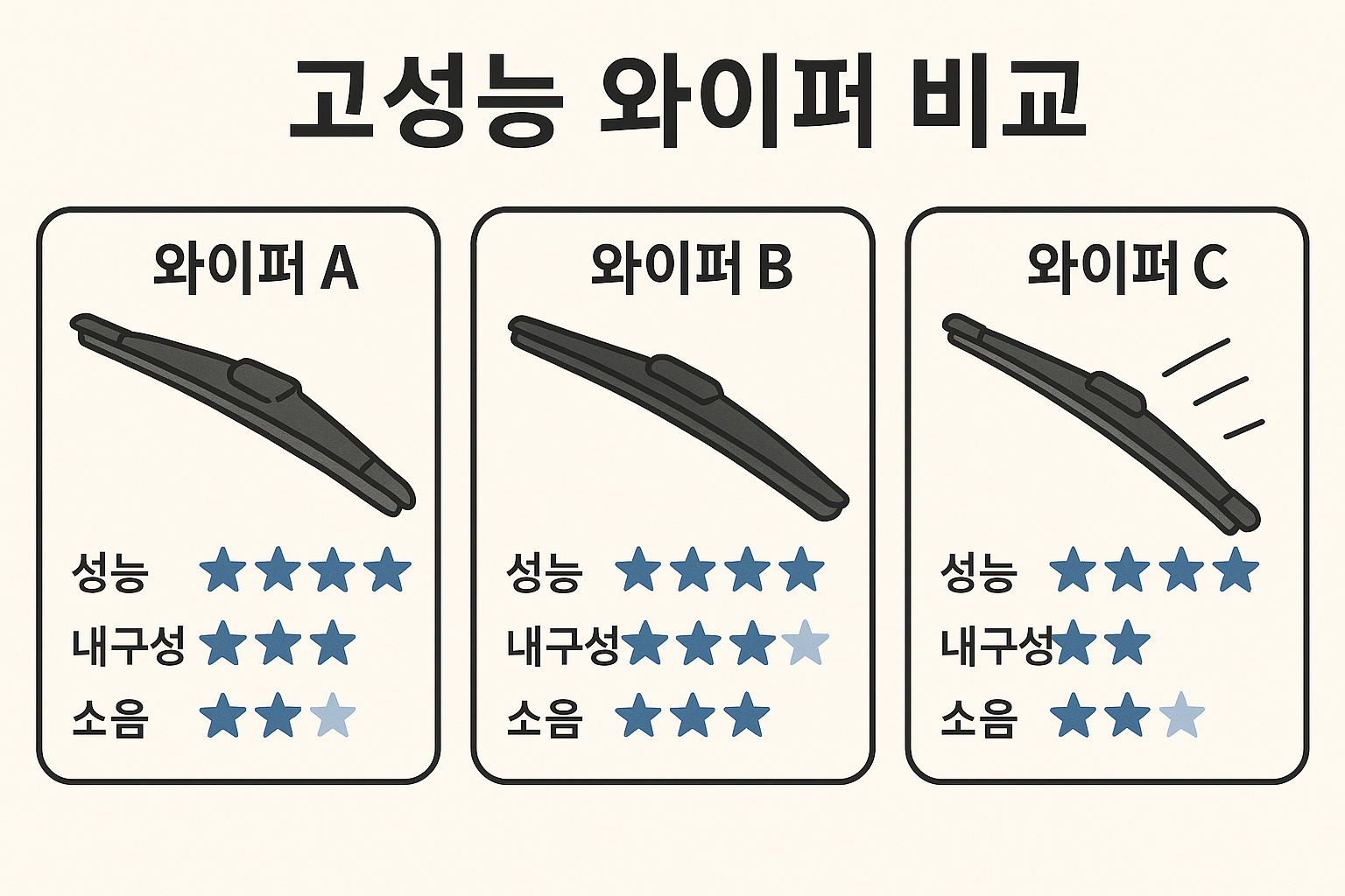 고성능 와이퍼 제품 3종의 특징 비교 이미지