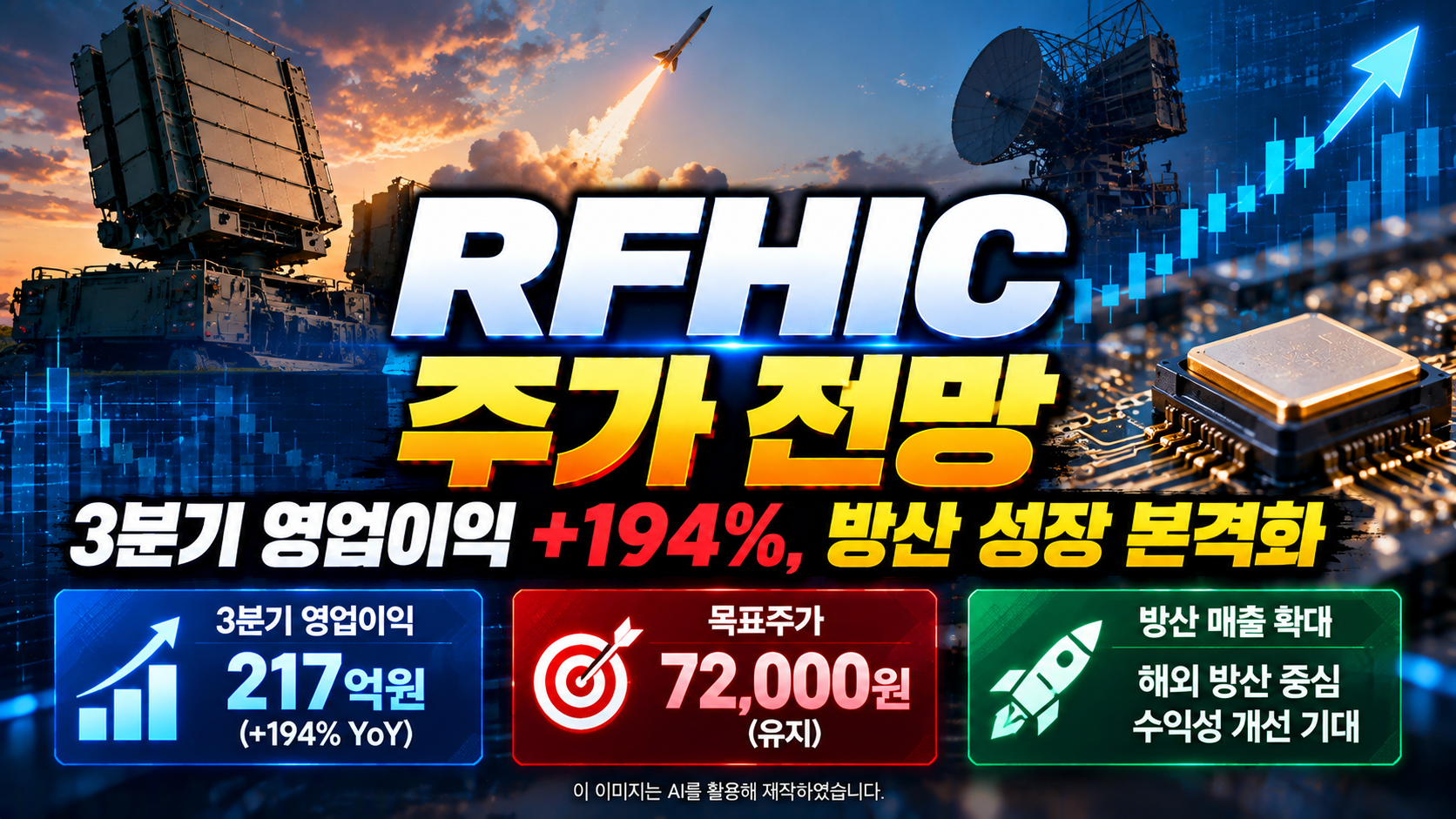 RFHIC(218410) 주가 전망 및 기업분석, 2026년 3분기 영업이익 217억 원으로 전년 대비 194% 증가, 유진투자증권 목표주가 72,000원 유지, 해외 방산 매출 확대와 수익성 개선 전망