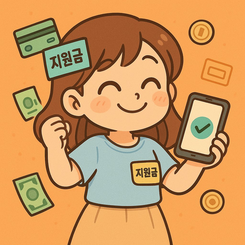 지원금 신청을 나타내는 캐릭터와 돈 아이콘