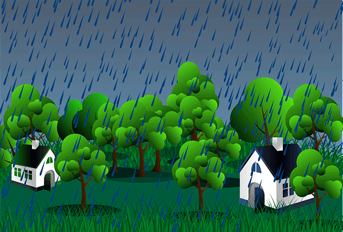 하늘에서 비가 많이 내린다. 땅에는 작은 집들이 두 채 있다.