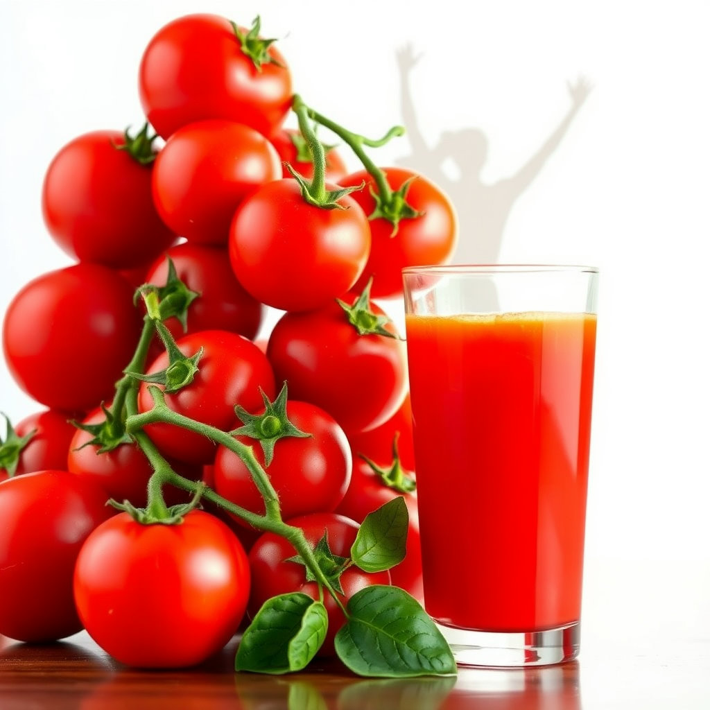 탐스럽게 익은 토마토 여러 개가 쌓여 있거나, 토마토 주스가 담긴 잔 옆에 활기찬 느낌의 사람 실루엣을 배치하여 건강하고 생기 있는 분위기를 연출합니다.