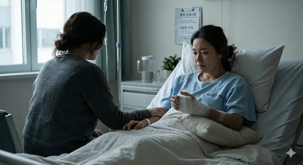 병실 침대에 누워 붕대를 감은 손을 고통스럽게 바라보는 여성과, 그 곁에서 조용히 손을 잡아주는 또 다른 여성의 뒷모습