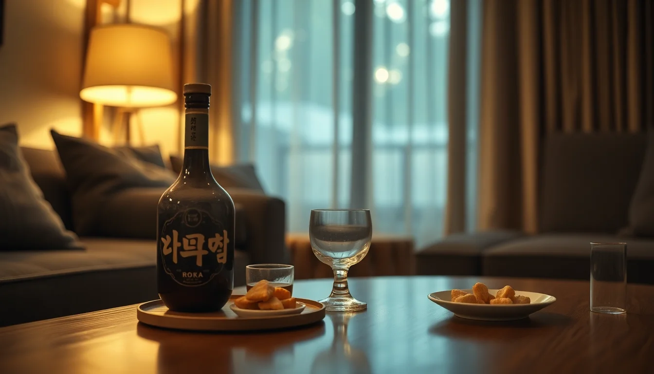나무 탁자 위 전통주와 안주 세팅