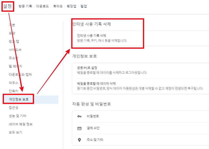 네이버웨일_기록_쿠키_삭제