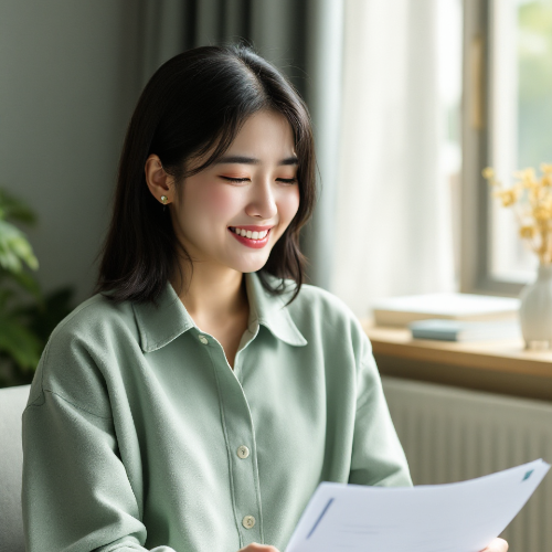 신용회복중인-여성이-대출-서류를-보고-미소-짓는-모습