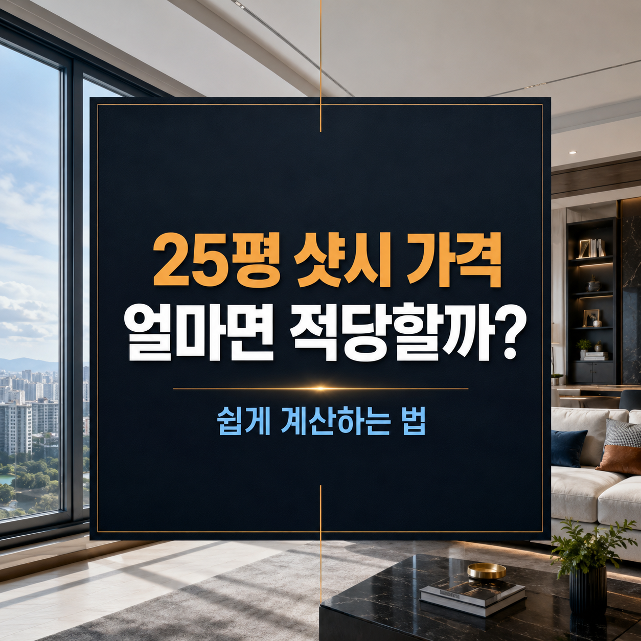 고급스러운 거실 창밖 풍경을 배경으로 '25평 샷시 가격 얼마면 적당할까? 쉽게 계산하는 법'이라고 적힌 포스팅 메인 타이틀 이미지.