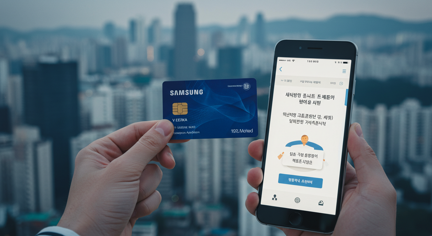 삼성카드와 스마트폰 앱 화면을 통해 서울 민생회복 소비쿠폰을 신청하는 한국인