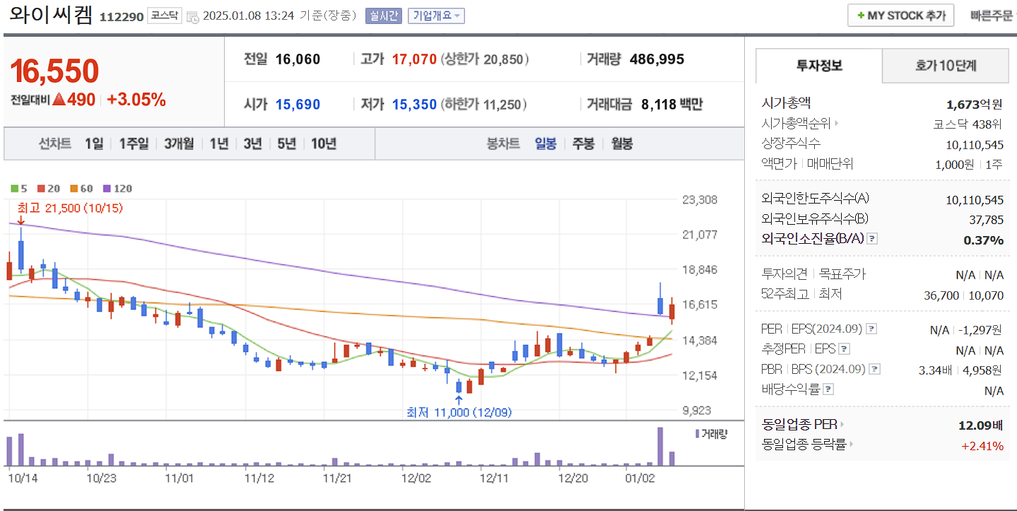 반도체 유리기판 관련주 대장주 와이씨켐 일봉 차트