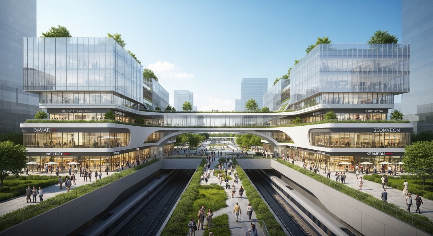 멋진 건물과 사이로 걸어다니는 많은 시민들