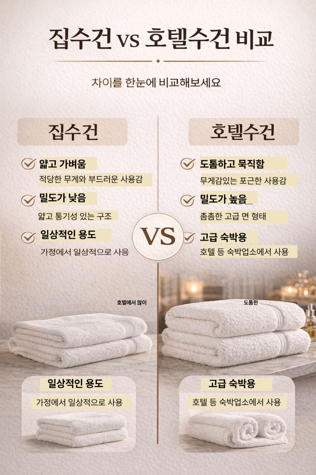 집수건과 호텔수건의 차이를 두께 밀도 용도로 비교한 이미지
