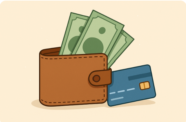 지갑에서 현금과 카드가 함께 나오는 일러스트, 생활비와 자금 지원을 상징